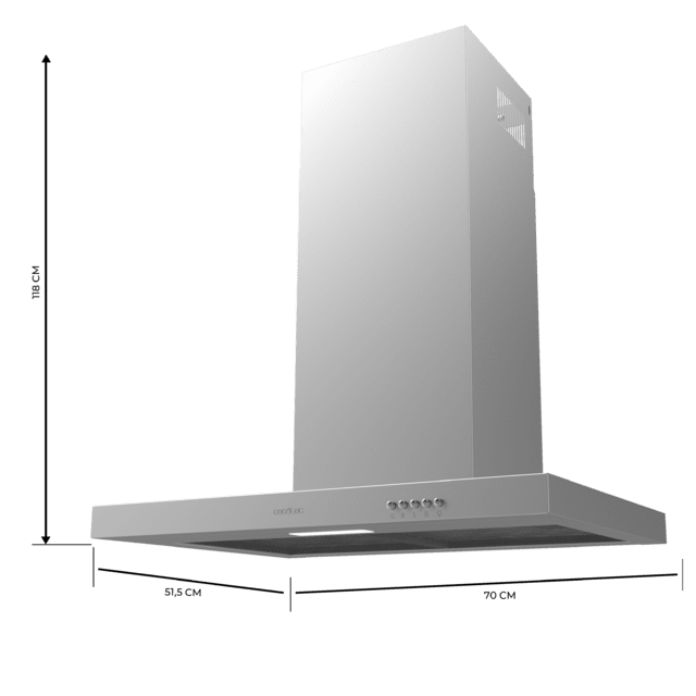 Cecotec Bolero Flux TM 703500 Inox A Campana T de 70cm de ancho acabado inox succión 350m3/h Motor 70W Clase A control mecánico 3 niveles de potencia luz y filtro de carbono. Campana T Ofertas
