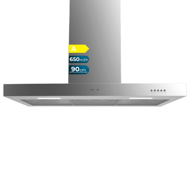 Cecotec Bolero Flux TM 906500 Inox A Campana T de 90cm de ancho acabado inox succión 650m3/h Motor 165W Clase A control mecánico 3 niveles de potencia luz y filtro de carbono. Campana T Venta caliente