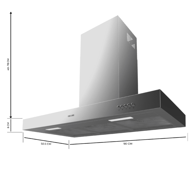 Cecotec Bolero Flux TM 906500 Inox A Campana T de 90cm de ancho acabado inox succión 650m3/h Motor 165W Clase A control mecánico 3 niveles de potencia luz y filtro de carbono. Campana T Venta caliente