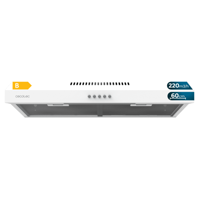 Cecotec Bolero Flux CM 602200 White B Campana extractora convencional de 60cm de ancho acabado blanco potencia succión 220m3/h Motor 70W Clase B control mecánico 3 niveles de potencia y luz. Campana extractora convencional