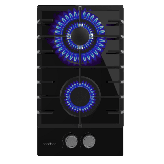 Cecotec Bolero Squad G 2200F Glass Black Placa de gas 2 fuegos acabado en cristal negro parrilla completa de hierro fundido potencia de 5 25kW quemador WOK triple corona encendido eléctrico sistema de seguridad de las válvulas Oferta especial de fábrica