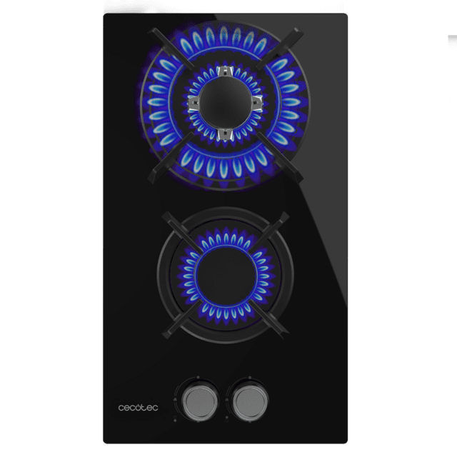 Cecotec Bolero Squad G 2200S Glass Black Placa de gas 2 fuegos acabado en cristal negro parrillas individuales de hierro fundido potencia de 5 25kW quemador WOK triple corona encendido eléctrico sistema de seguridad de las vál Solo queda un día