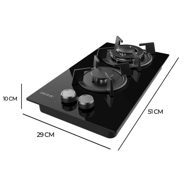 Cecotec Bolero Squad G 2200S Glass Black Placa de gas 2 fuegos acabado en cristal negro parrillas individuales de hierro fundido potencia de 5 25kW quemador WOK triple corona encendido eléctrico sistema de seguridad de las vál Solo queda un día