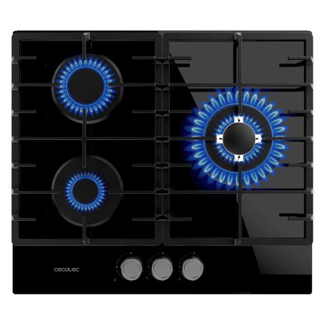 Cecotec Bolero Squad G 3200F Glass Black Placa de gas 3 fuegos acabado en cristal negro parrillas completas de hierro fundido potencia de 6 25kW quemador WOK triple corona encendido eléctrico sistema de seguridad de las válvul Grandes descuentos