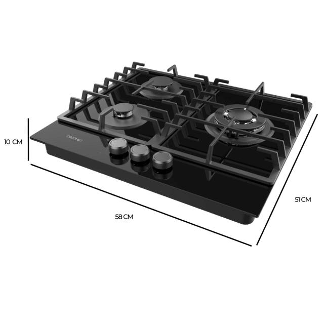 Cecotec Bolero Squad G 3200F Glass Black Placa de gas 3 fuegos acabado en cristal negro parrillas completas de hierro fundido potencia de 6 25kW quemador WOK triple corona encendido eléctrico sistema de seguridad de las válvul Grandes descuentos