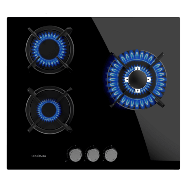 Cecotec Bolero Squad G 3200S Glass Black Placa de gas 3 fuegos acabado en cristal negro parrillas individuales de hierro fundido potencia de 6 25kW quemador WOK triple corona encendido eléctrico sistema de seguridad de las vál Envío internacional gratuito