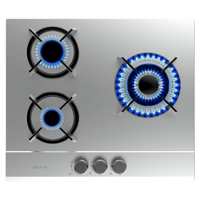 Cecotec Bolero Squad G 3200S Inox Placa de gas 3 fuegos acabado en acero inoxidable parrillas individuales de hierro fundido potencia de 6 25kW quemador WOK triple corona encendido eléctrico sistema de seguridad de las válvula Tienda de fábrica