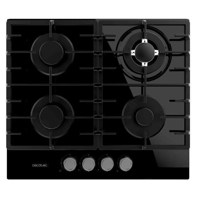 Cecotec Bolero Squad G 4200F Glass Black Placa de gas 4 fuegos acabado en cristal negro parrillas completas de hierro fundido potencia de 8kW quemador WOK triple corona encendido eléctrico sistema de seguridad de las válvulas Ahorra y exporta