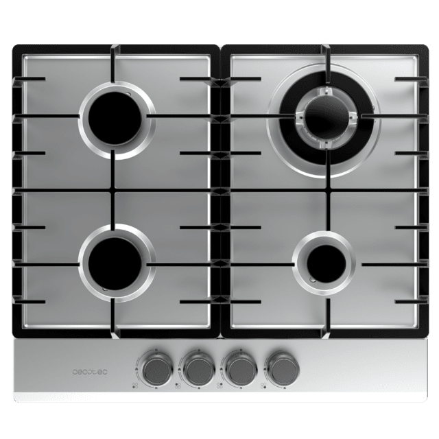 Cecotec Bolero Squad G 4200F Inox Placa de gas 4 fuegos acabado en acero inoxidable parrillas completas de hierro fundido potencia de 8kW quemador WOK triple corona encendido eléctrico sistema de seguridad de las válvulas para Precios de Black Friday