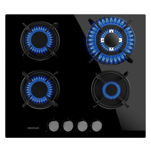 Cecotec Bolero Squad G 4200S Glass Black Placa de gas 4 fuegos acabado en cristal negro parrillas individuales de hierro fundido potencia de 8kW quemador WOK triple corona encendido eléctrico sistema de seguridad de las válvul En oferta