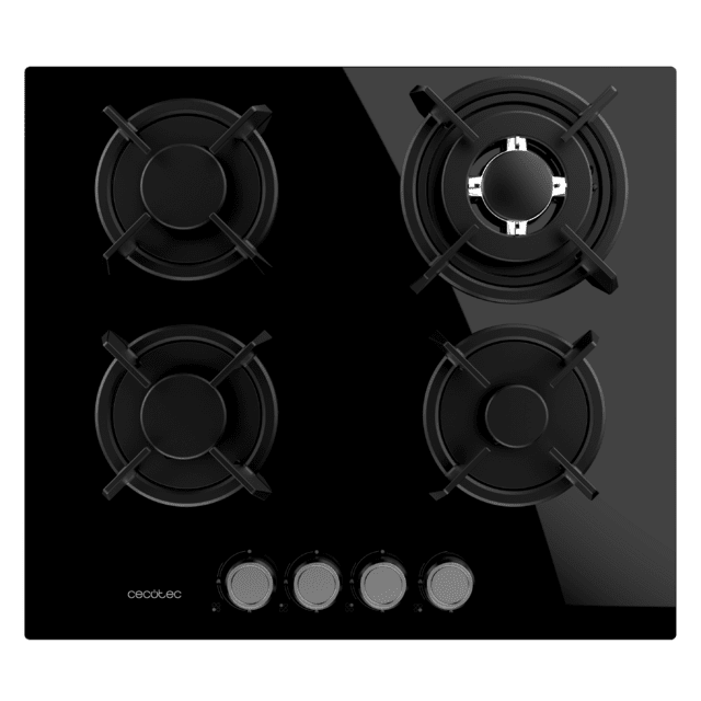 Cecotec Bolero Squad G 4200S Glass Black Placa de gas 4 fuegos acabado en cristal negro parrillas individuales de hierro fundido potencia de 8kW quemador WOK triple corona encendido eléctrico sistema de seguridad de las válvul En oferta
