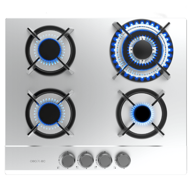Cecotec Bolero Squad G 4200S Inox Placa de gas 4 fuegos acabado en acero inoxidable parrillas individuales de hierro fundido potencia de 8kW quemador WOK triple corona encendido eléctrico sistema de seguridad de las válvulas p Libre de impuestos