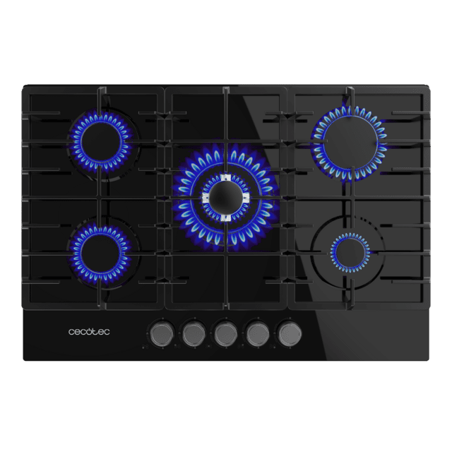 Cecotec Bolero Squad G 5200F Glass Black Placa de gas 5 fuegos acabado en cristal negro parrillas completas de hierro fundido potencia de 11kW quemador WOK triple corona encendido eléctrico sistema de seguridad de las válvulas Descuentos del mes