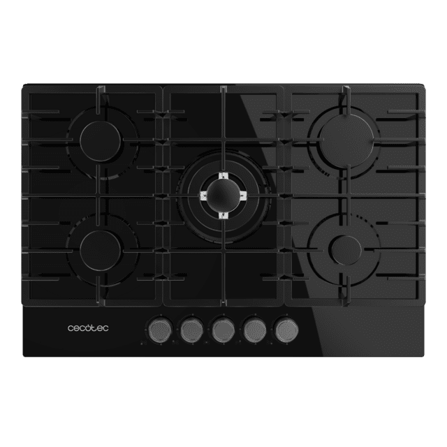 Cecotec Bolero Squad G 5200F Glass Black Placa de gas 5 fuegos acabado en cristal negro parrillas completas de hierro fundido potencia de 11kW quemador WOK triple corona encendido eléctrico sistema de seguridad de las válvulas Descuentos del mes