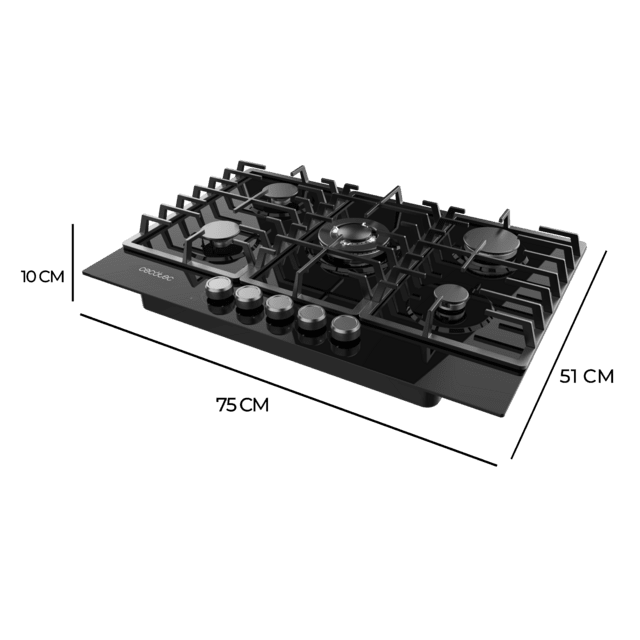 Cecotec Bolero Squad G 5200F Glass Black Placa de gas 5 fuegos acabado en cristal negro parrillas completas de hierro fundido potencia de 11kW quemador WOK triple corona encendido eléctrico sistema de seguridad de las válvulas Descuentos del mes