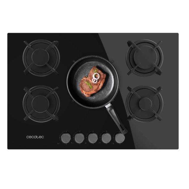 Cecotec Bolero Squad G 5200S Glass Black Placa de gas 5 fuegos acabado en cristal negro parrillas individuales de hierro fundido potencia de 11kW quemador WOK triple corona encendido eléctrico sistema de seguridad de las válvu Última moda