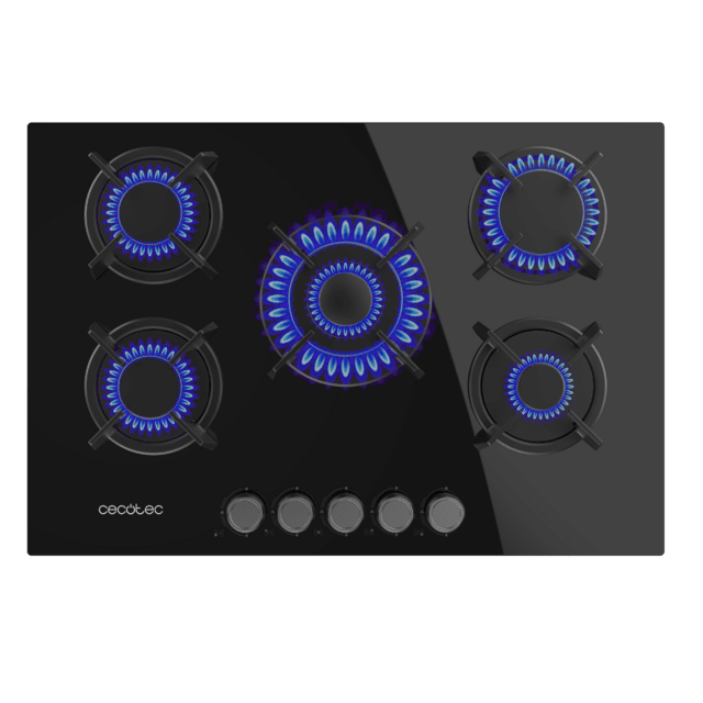 Cecotec Bolero Squad G 5200S Glass Black Placa de gas 5 fuegos acabado en cristal negro parrillas individuales de hierro fundido potencia de 11kW quemador WOK triple corona encendido eléctrico sistema de seguridad de las válvu Última moda