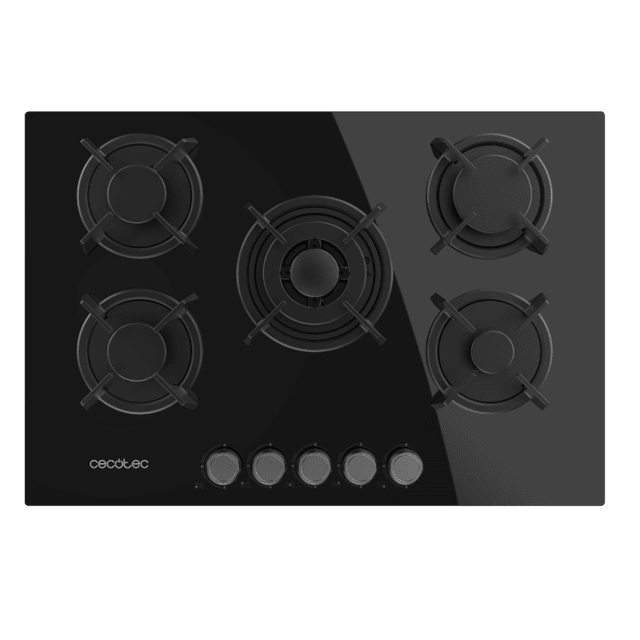 Cecotec Bolero Squad G 5200S Glass Black Placa de gas 5 fuegos acabado en cristal negro parrillas individuales de hierro fundido potencia de 11kW quemador WOK triple corona encendido eléctrico sistema de seguridad de las válvu Última moda