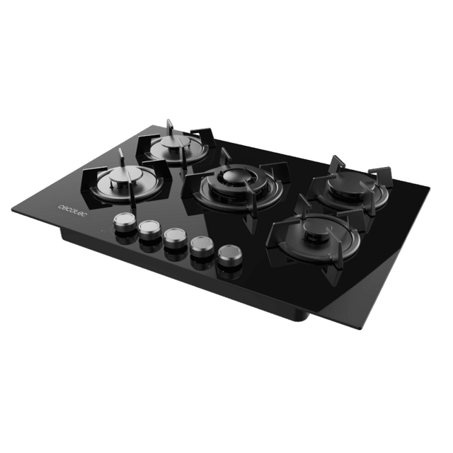 Cecotec Bolero Squad G 5200S Glass Black Placa de gas 5 fuegos acabado en cristal negro parrillas individuales de hierro fundido potencia de 11kW quemador WOK triple corona encendido eléctrico sistema de seguridad de las válvu Última moda