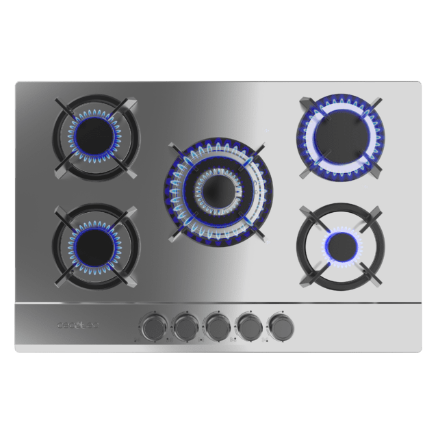 Cecotec Bolero Squad G 5200S Inox Placa de gas 5 fuegos acabado en acero inoxidable parrillas individuales de hierro fundido potencia de 11kW quemador WOK triple corona encendido eléctrico sistema de seguridad de las válvulas Descuento por venta flash