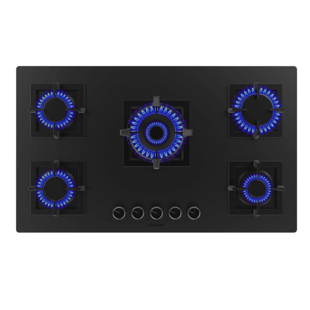 Cecotec Bolero Squad G 5800S Eternal Nano Glass Placa de gas 5 fuegos acabado en cristal negro mate parrillas individuales de hierro fundido potencia de 13 1kW quemador eternal con soporte WOK encendido eléctrico sistema de seg Ofertas de temporada