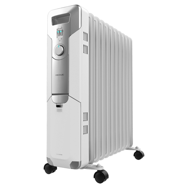 Cecotec ReadyWarm 11000 Space Radiador de aceite de 11 módulos y 2500 W con 3 niveles de potencia cobertura de 25 m² recogecables control sencillo asa ruedas y doble sistema de seguridad. Radiador de aceite