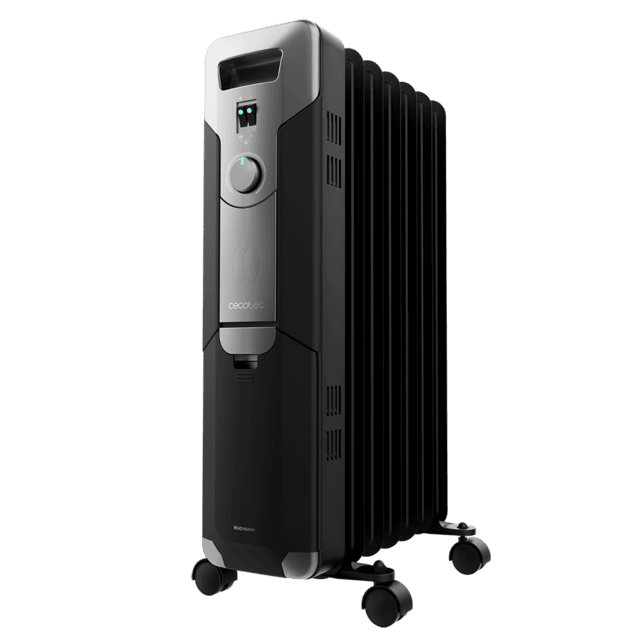 Cecotec ReadyWarm 7000 Space Black Radiador de aceite de 7 módulos y 1500 W con 3 niveles de potencia cobertura de 15 m² recogecables control sencillo asa ruedas y doble sistema de seguridad.Radiador de aceite