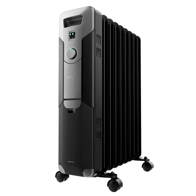 Cecotec ReadyWarm 9000 Space Black Radiador de aceite de 9 módulos y 2000W con 3 niveles de potencia cobertura de 20 m² recogecables control sencillo asa ruedas y doble sistema de seguridad. Radiador de aceite