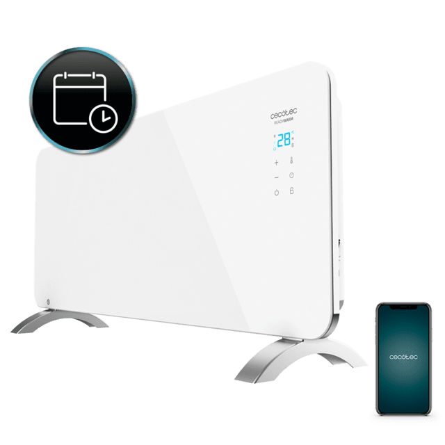 Cecotec Ready Warm 6750 Crystal Connected Radiador Eléctrico Bajo Consumo con Wifi 2000 W Termostato Regulable 2 Modos Temporizador Soporte de pie Protección sobrecalentamiento Radiador convector eléctrico Wi-Fi 2000 W