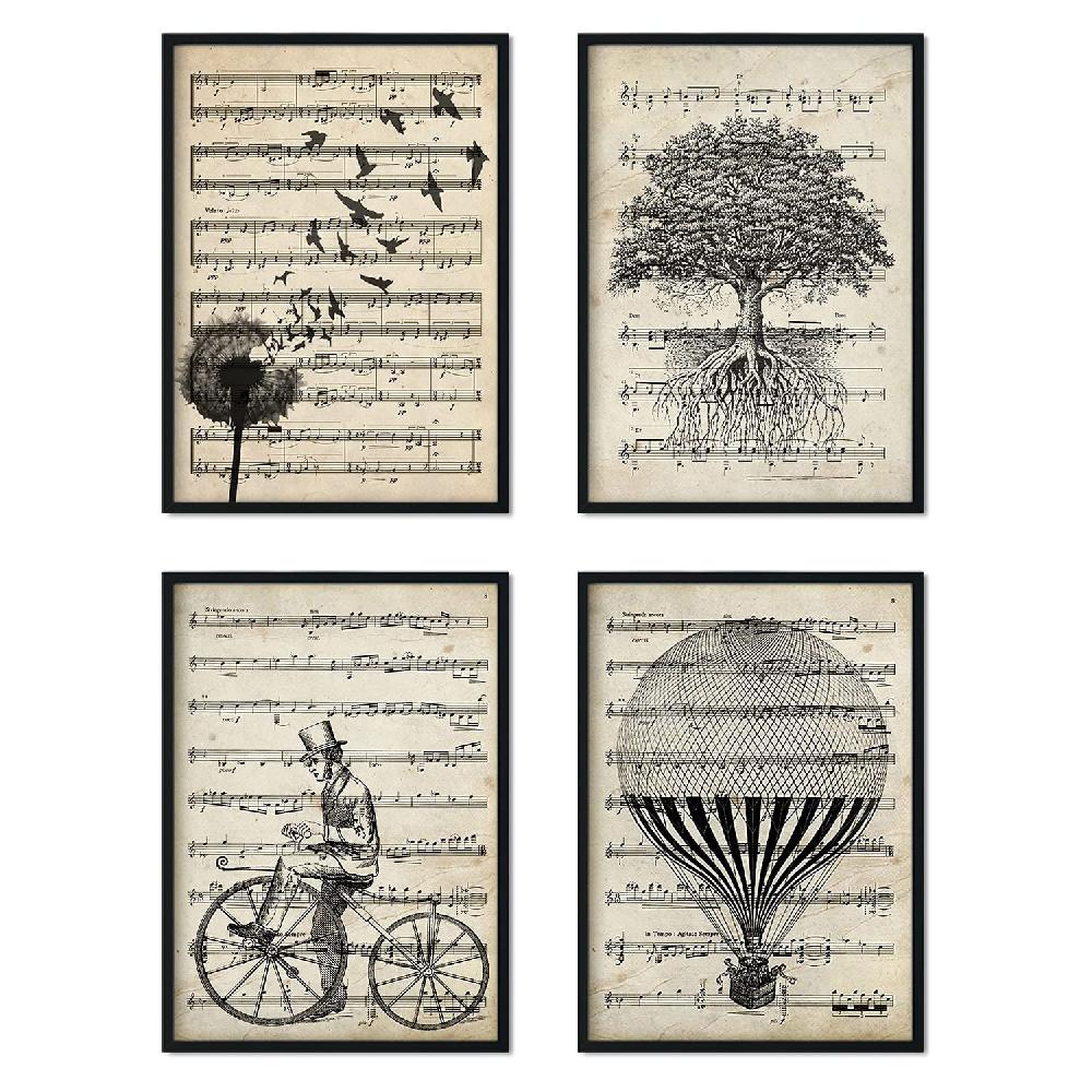 nacnic Nacnic - Set de 4 Láminas Vintage con Partituras Musicales: Árbol Vida Bicicleta Diente de León y Globo Antiguo