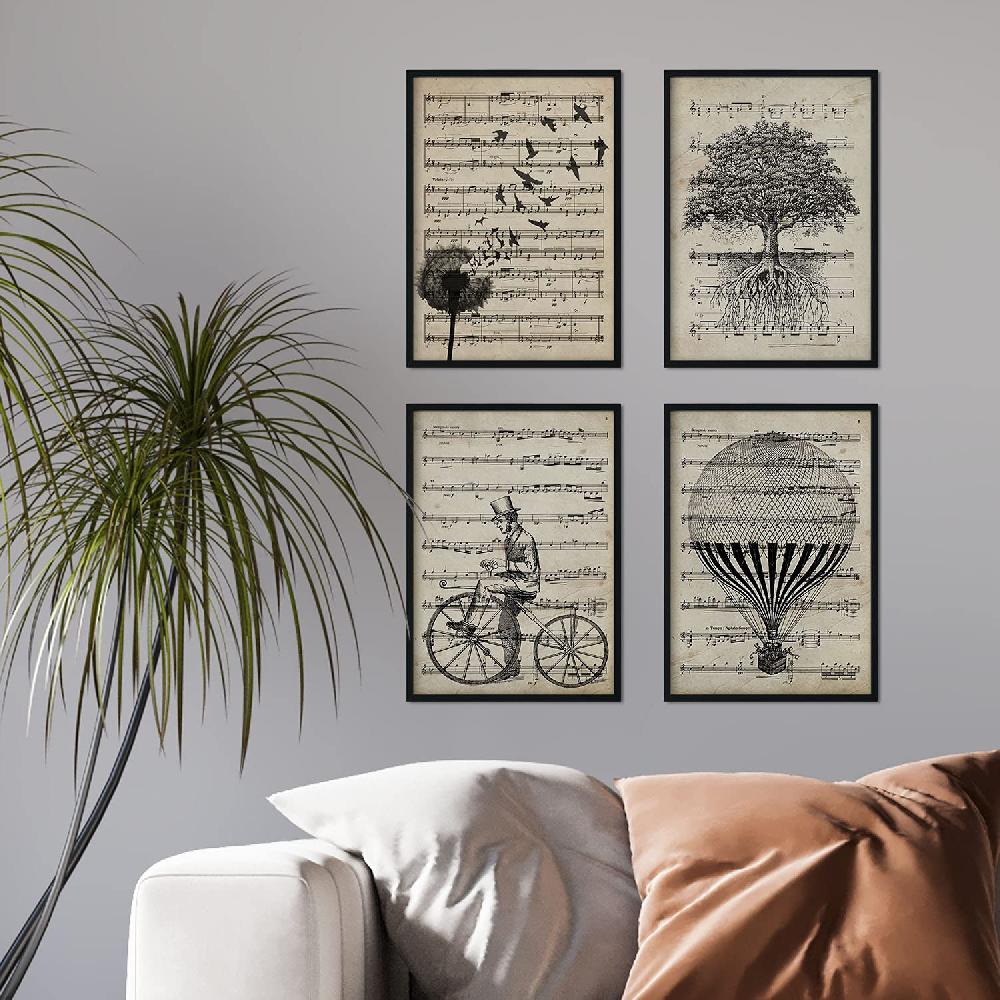 nacnic Nacnic - Set de 4 Láminas Vintage con Partituras Musicales: Árbol Vida Bicicleta Diente de León y Globo Antiguo En línea