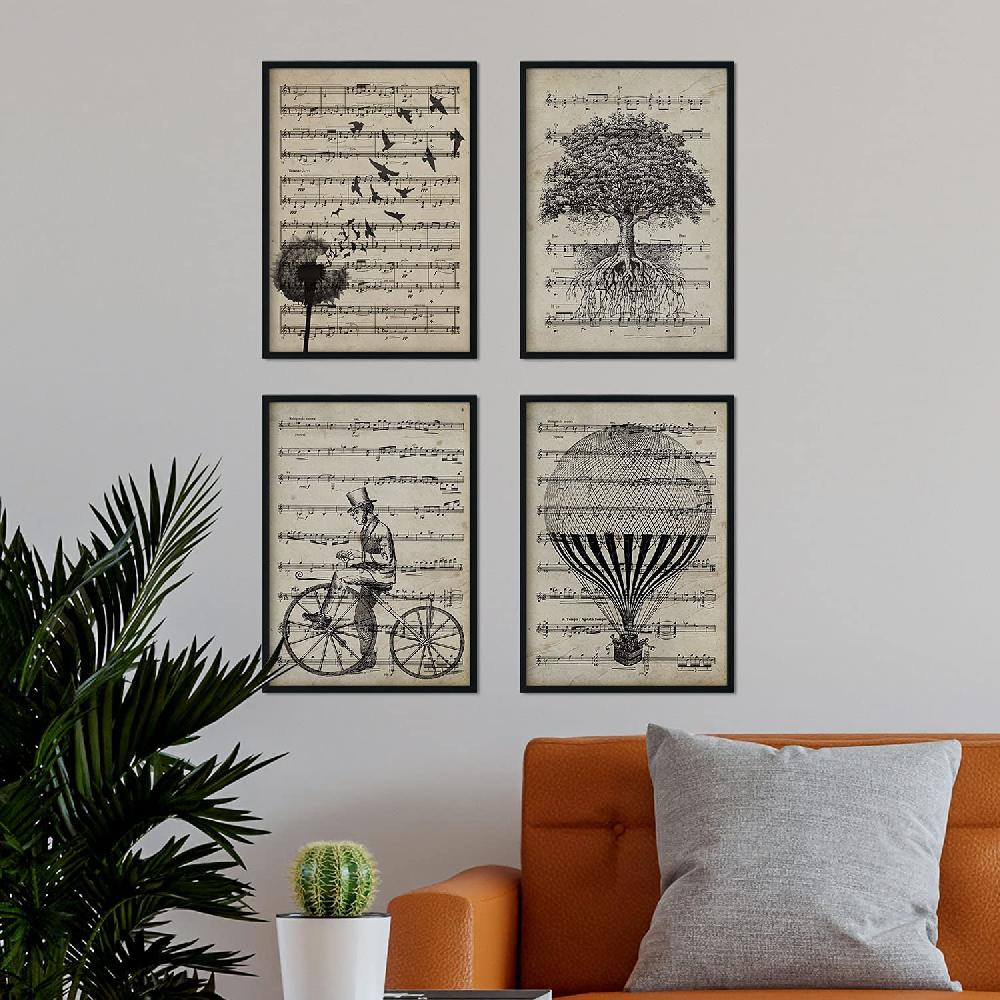 nacnic Nacnic - Set de 4 Láminas Vintage con Partituras Musicales: Árbol Vida Bicicleta Diente de León y Globo Antiguo En línea