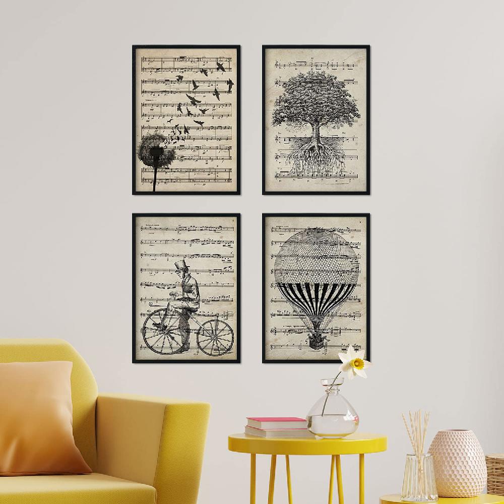 nacnic Nacnic - Set de 4 Láminas Vintage con Partituras Musicales: Árbol Vida Bicicleta Diente de León y Globo Antiguo En línea