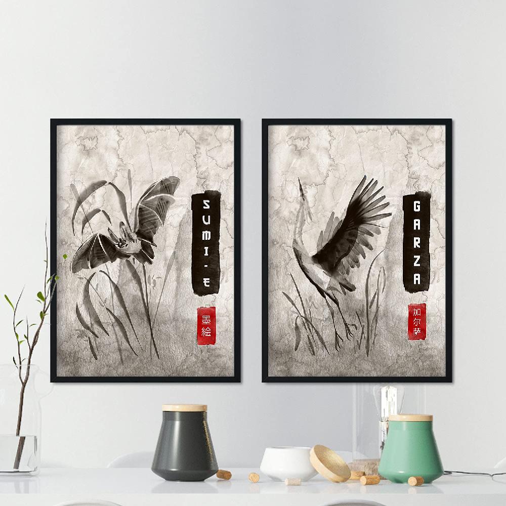 nacnic Set de láminas Sumi-E de animales voladores vintage en grises Promoción trimestral