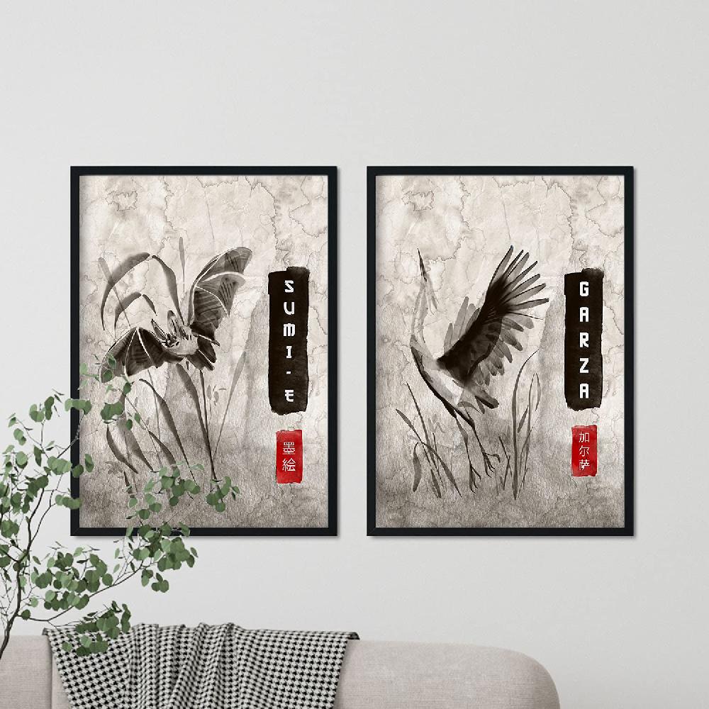 nacnic Set de láminas Sumi-E de animales voladores vintage en grises Promoción trimestral