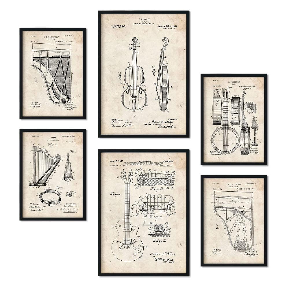 nacnic Set de 6 láminas de patentes de instrumentos de cuerda retro