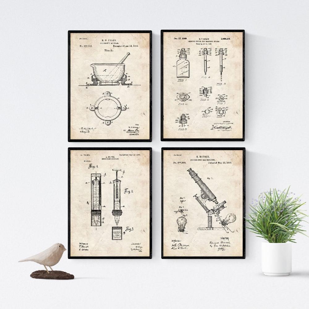 nacnic Pack de 4 Láminas Vintage de Patentes de Farmacia Antiguas
