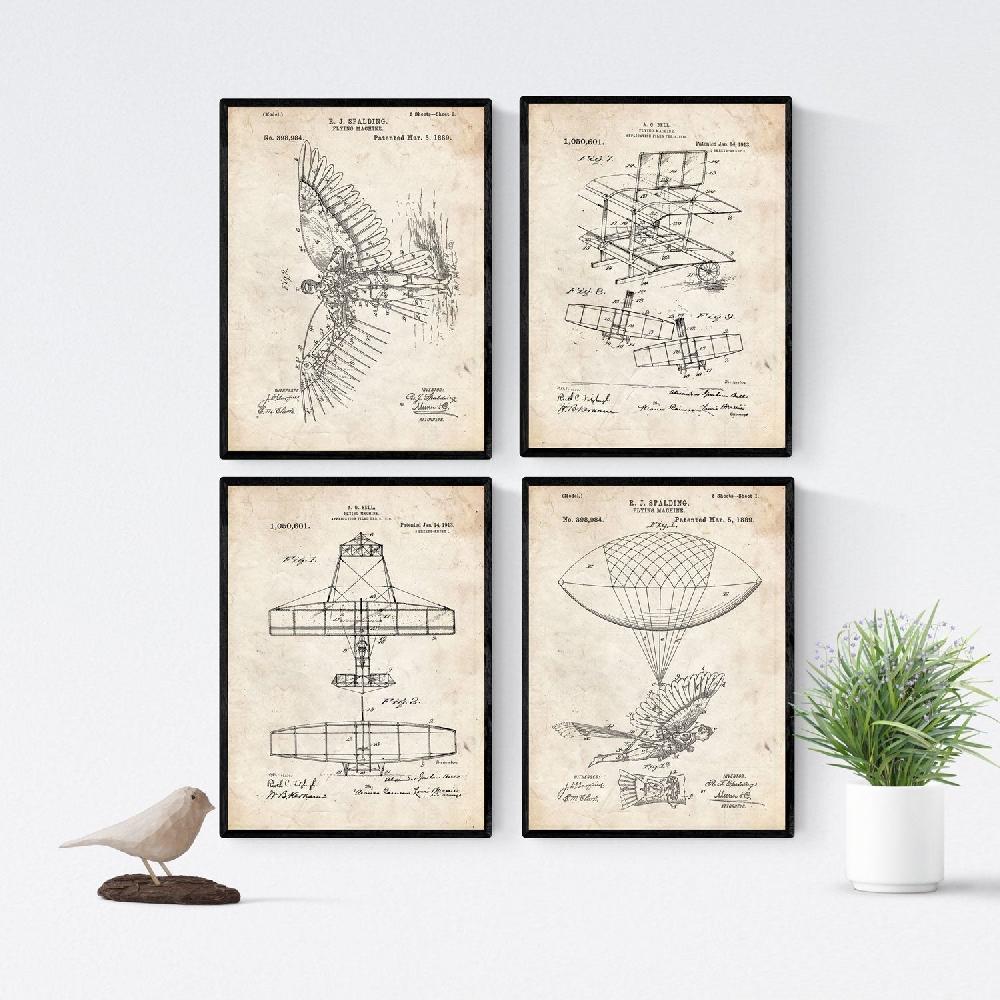 nacnic Pack Vintage de 4 Láminas con Patentes de Aviones Antiguas
