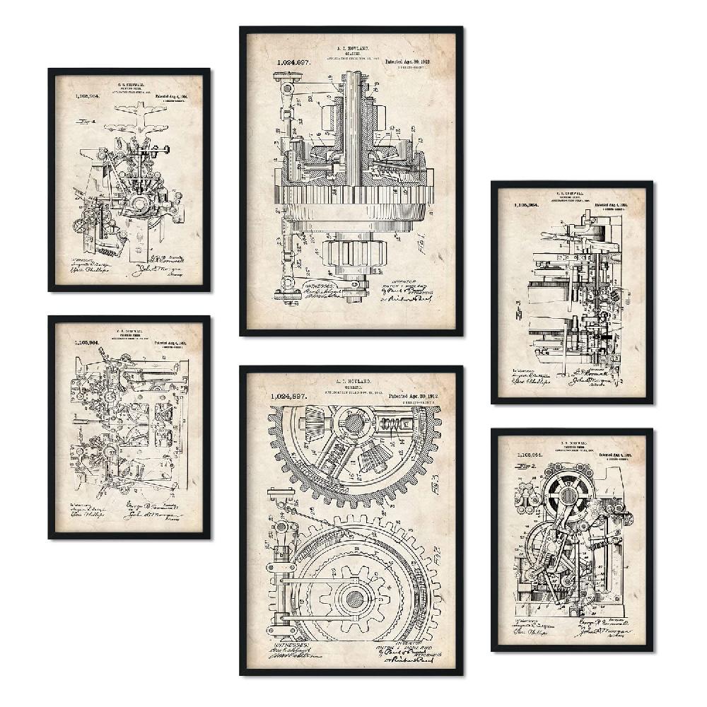 nacnic Set de 6 láminas de patentes Maquinaria retro