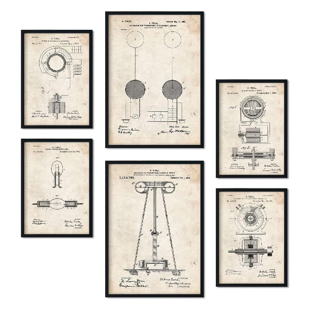 nacnic Set de 6 láminas de patentes de Electricidad 1 con dibujos retro de inventos antiguos