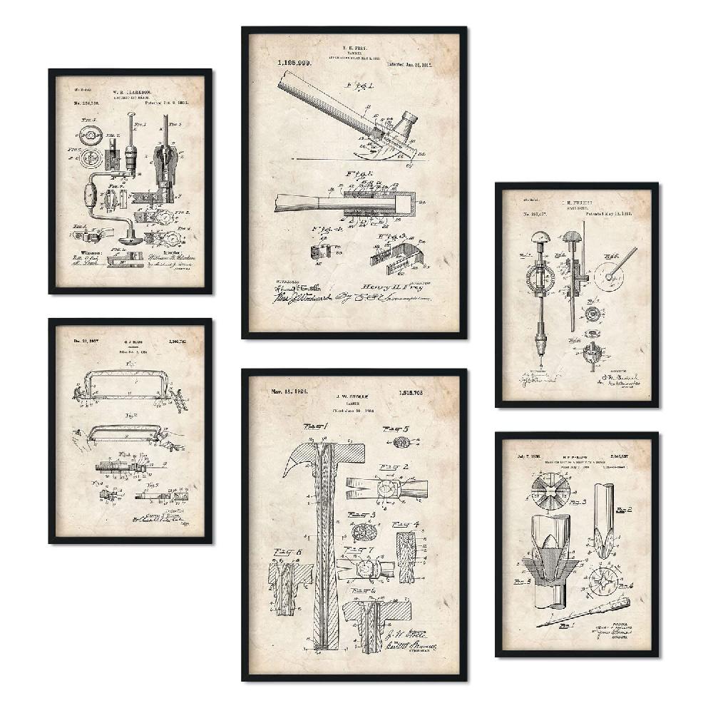 nacnic Set de 6 láminas retro de patentes Herramientas de construcción 2