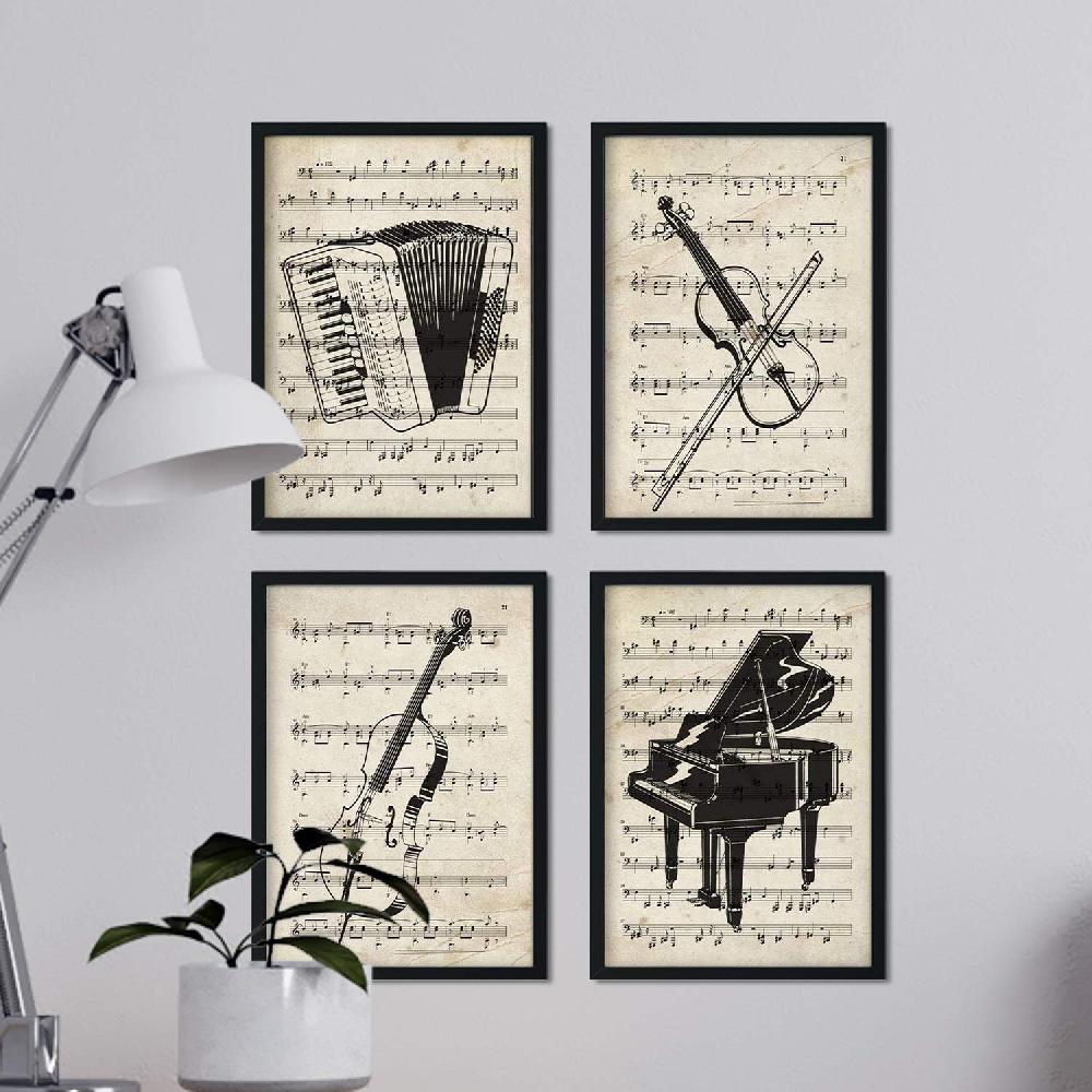 nacnic Set de 4 láminas vintage de instrumentos musicales y partituras