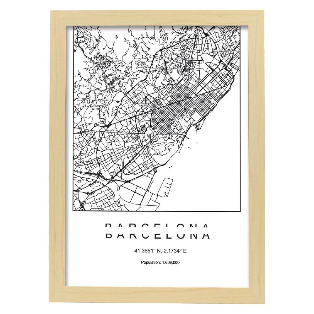 nacnic Lámina estilo nórdico del mapa de Barcelona en blanco y negro En oferta
