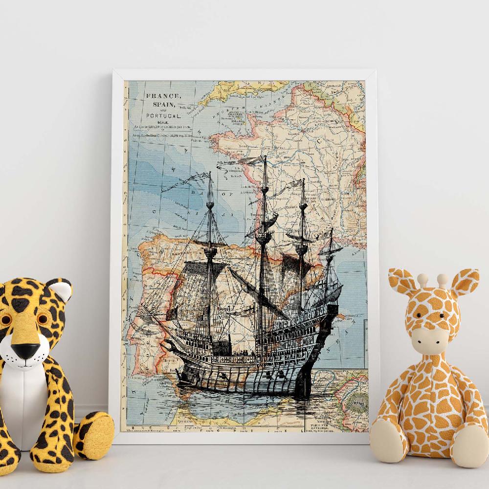 nacnic Lámina Vintage de Objetos sobre Mapas Mediterráneo Ventas relámpago