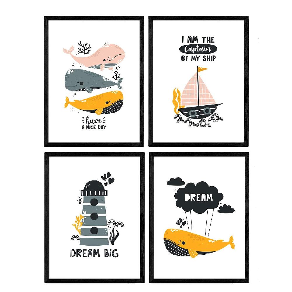 nacnic Pack de Cuatro Láminas de Ballenas con Faro Marino y Barco en el Mar