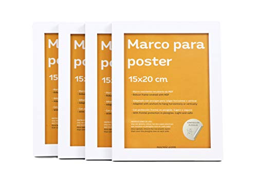 nacnic Set de 4 Marcos blancos para fotos posters láminas diplomas. Tamaño(15x20 cm).Robustos de MDF y frontal de plexiglas.Marcos blancos para colgar de alta calidad 2025