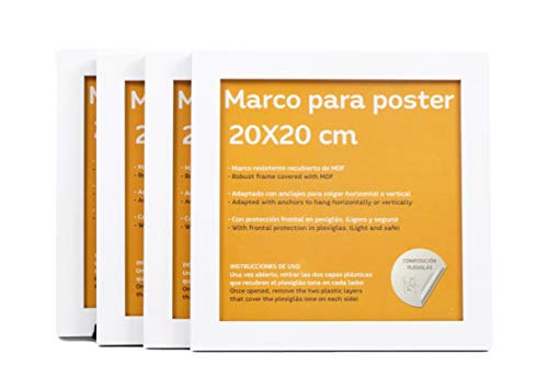 nacnic Set de 4 Marcos blancos para fotos posters láminas diplomas. Tamaño(20x20 cm).Robustos de MDF y frontal de plexiglas.Marcos blancos para colgar de alta calidad En oferta