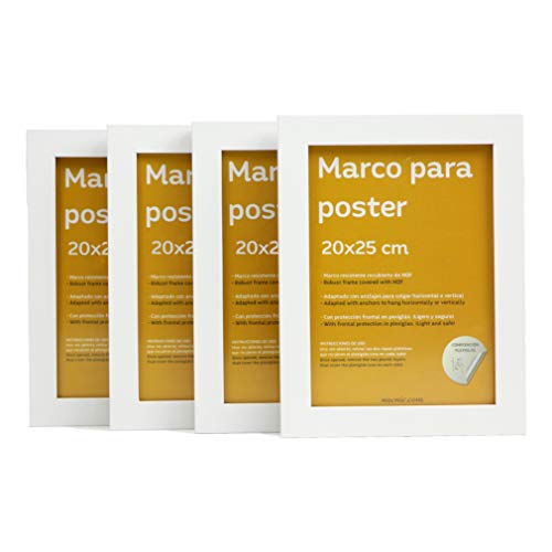 nacnic Set de 4 Marcos blancos para fotos posters láminas diplomas. Tamaño(20x25 cm).Robustos de MDF y frontal de plexiglas.Marcos blancos para colgar de alta calidad Libre de impuestos