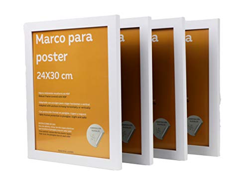nacnic Set de 4 Marcos blancos para fotos posters láminas diplomas. Tamaño(24x30 cm).Robustos de MDF y frontal de plexiglas. Marcos blancos para colgar de alta calidad