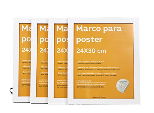 nacnic Set de 4 Marcos blancos para fotos posters láminas diplomas. Tamaño(24x30 cm).Robustos de MDF y frontal de plexiglas. Marcos blancos para colgar de alta calidad Descuentos del mes